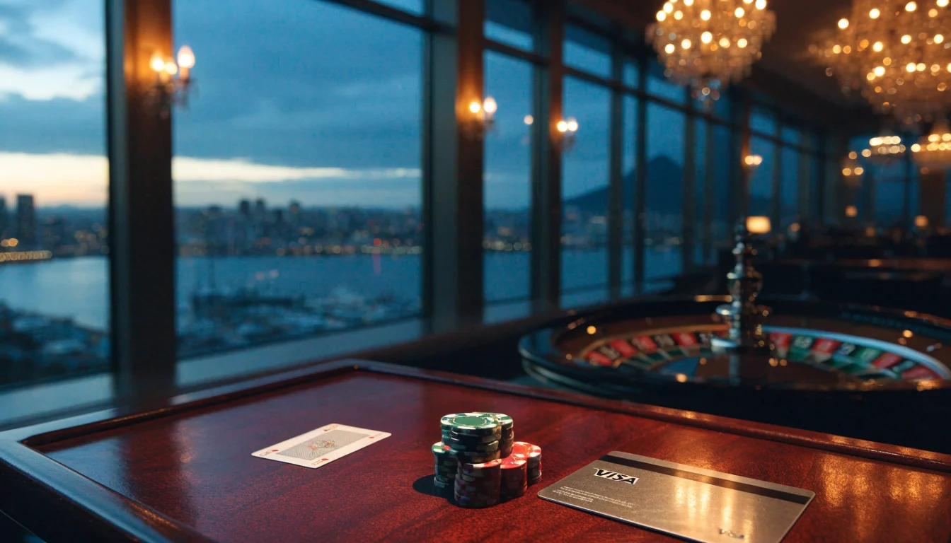 Casino table with Visa card, chips, and a New Zealand city skyline at night