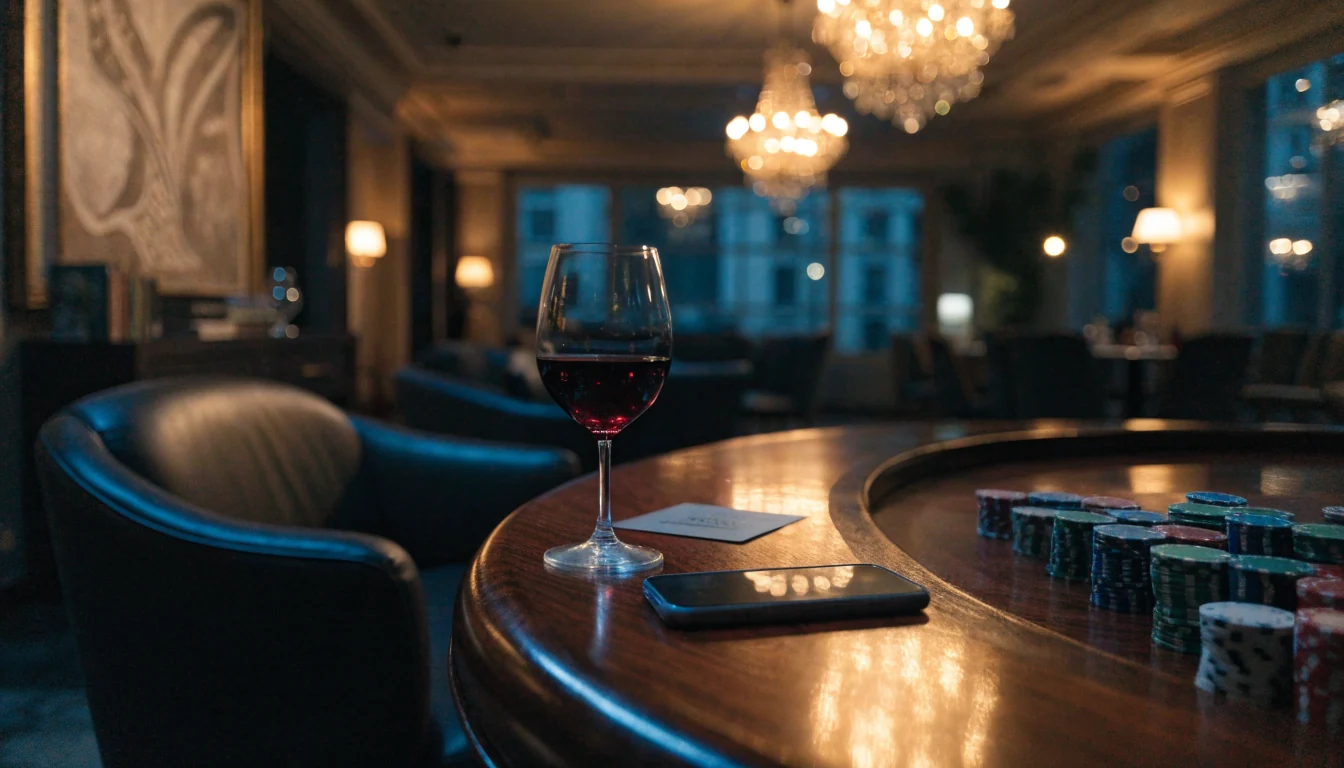 Elegant New Zealand casino lounge with roulette table, chips, and a face-down smartphone