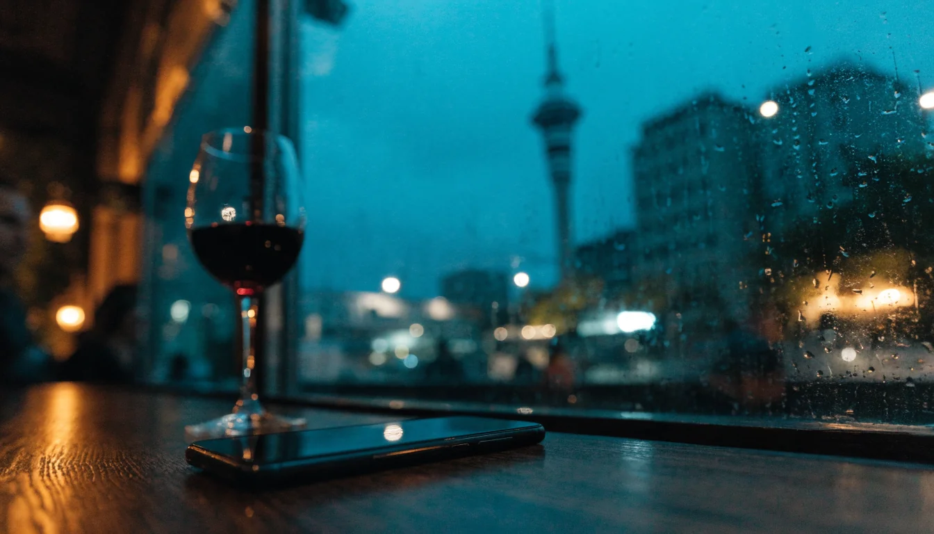 Smartphone on a bar counter with Auckland skyline at dusk