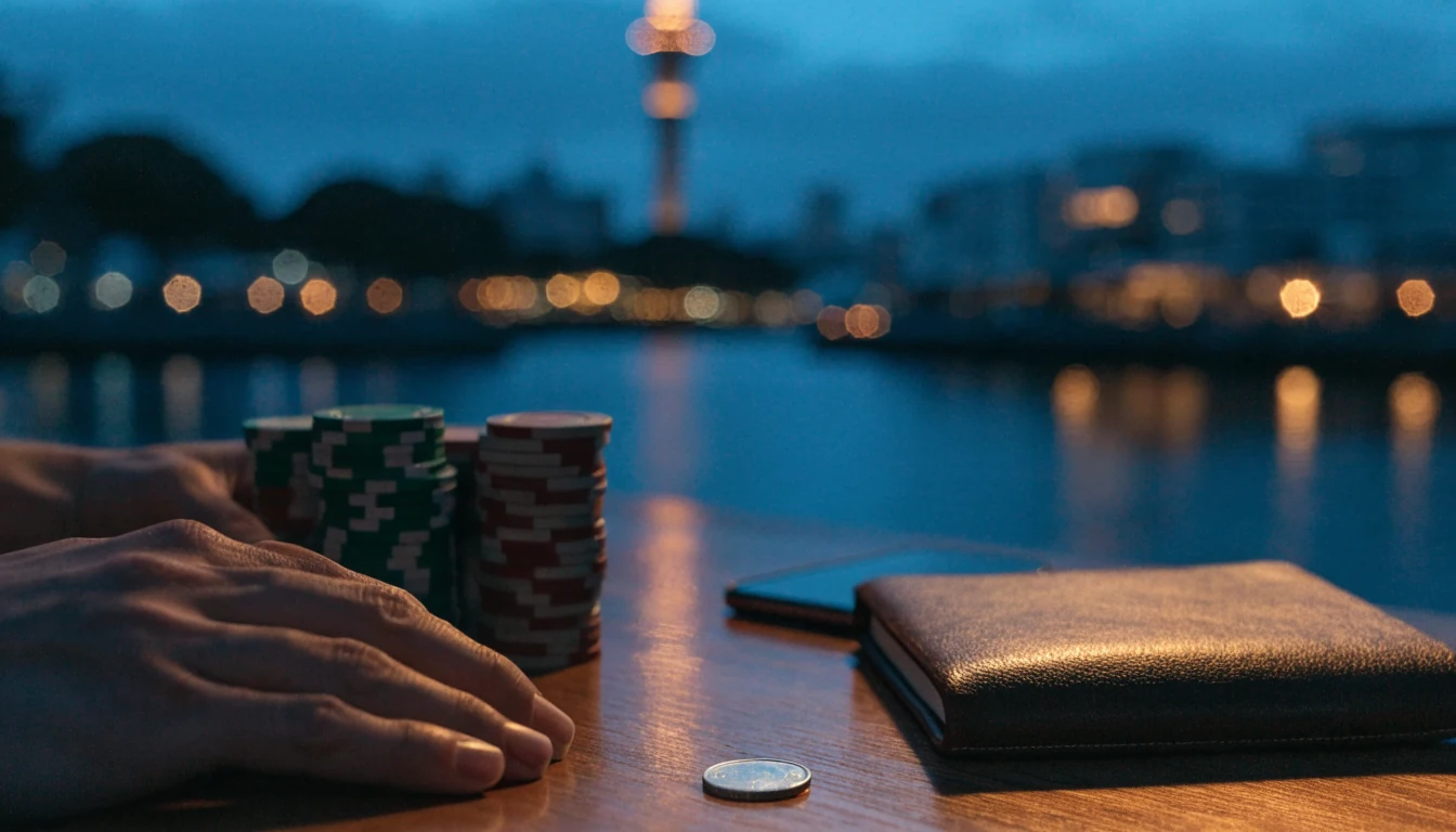 Auckland waterfront at dusk with casino chips, closed phone and notebook on a table