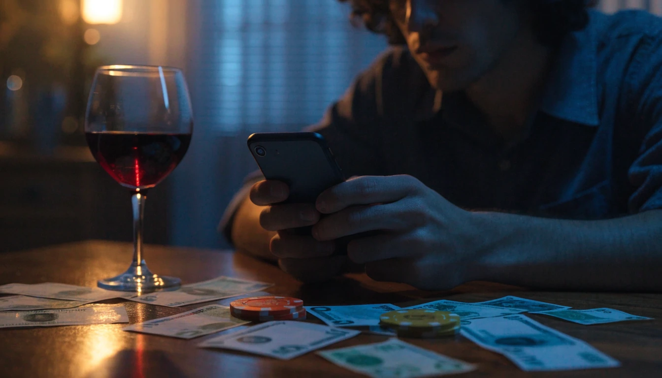 Player holding smartphone with banknotes and casino chips on desk