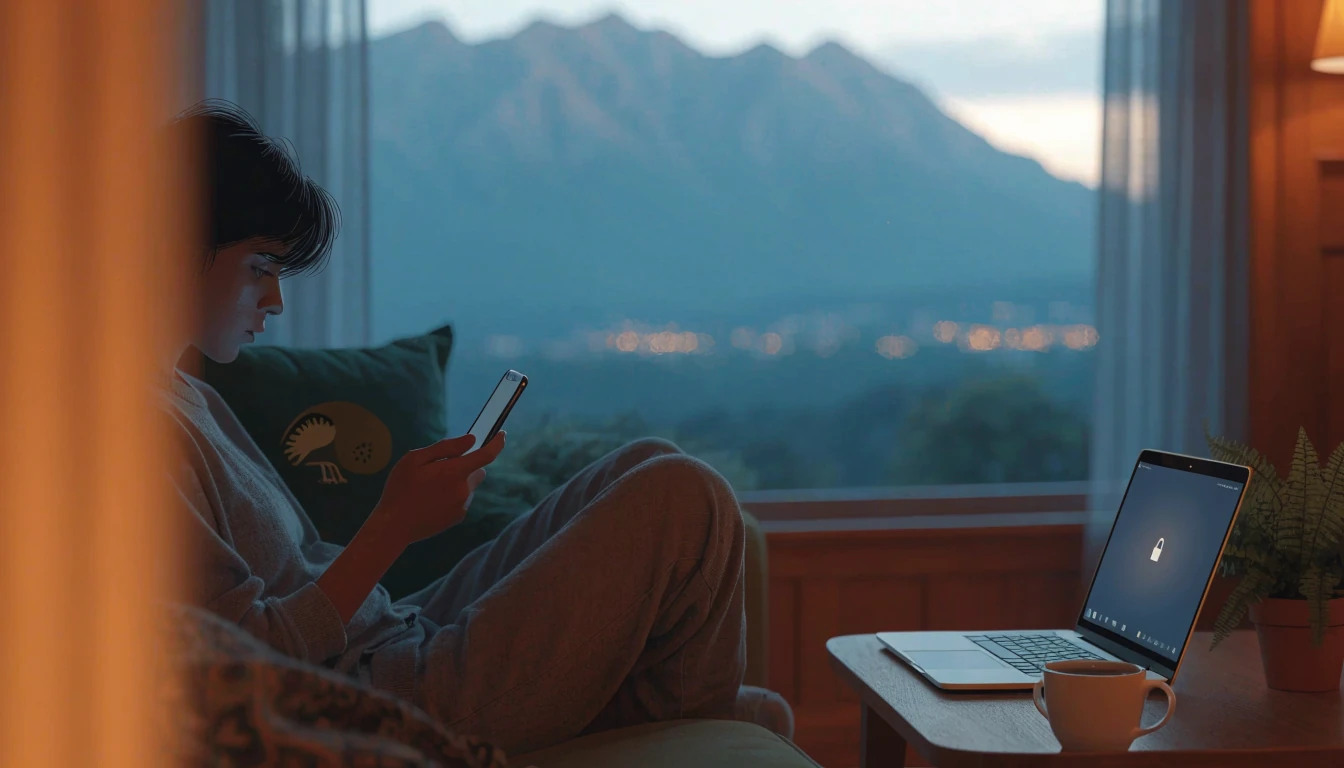 New Zealander relaxing at home with a smartphone and laptop, evening view of mountains