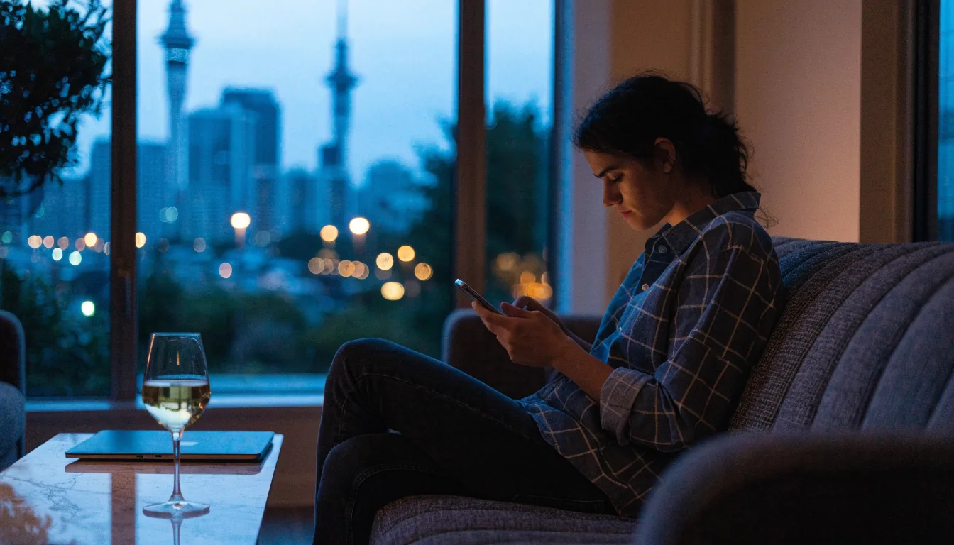 Person relaxing with a smartphone in a New Zealand apartment at dusk