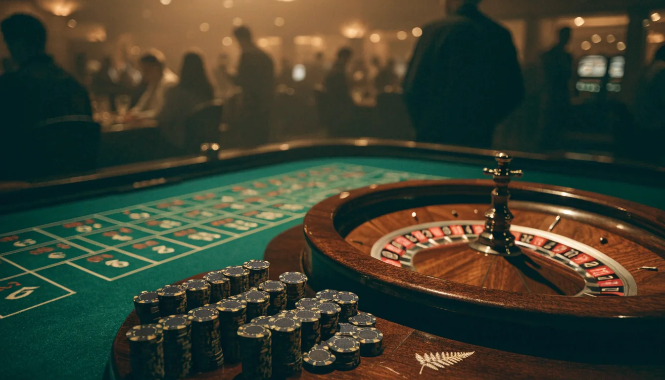 Elegant casino roulette table with chips and wheel, warm golden lighting, New Zealand fern detail.