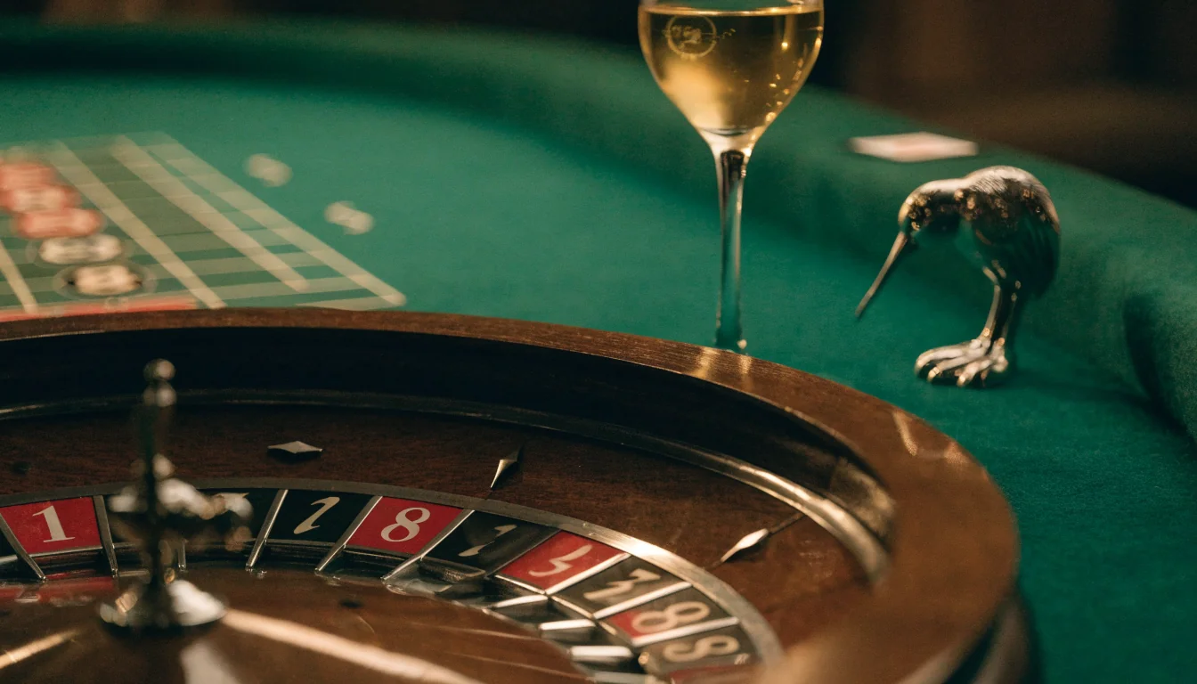 European roulette wheel on a casino table with New Zealand accents