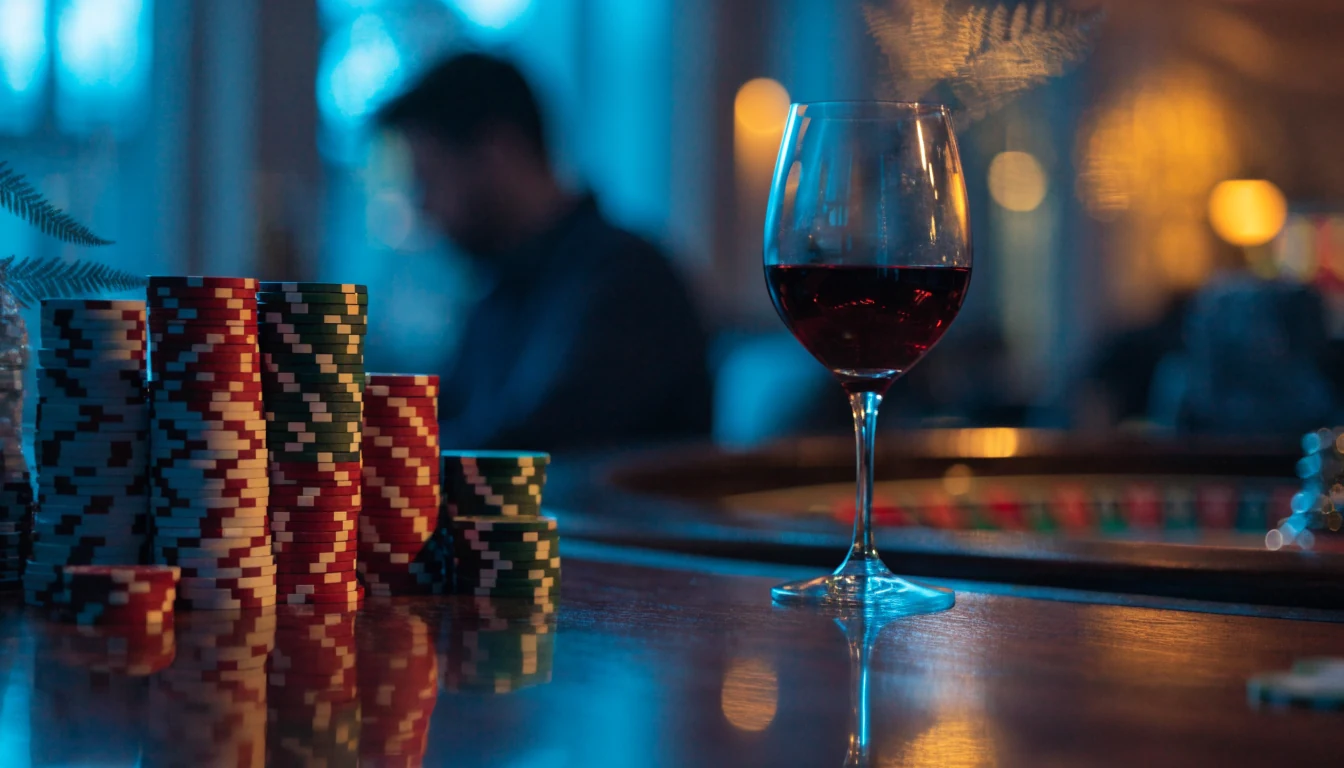 Elegant casino lounge with poker chips and roulette wheel, New Zealand style