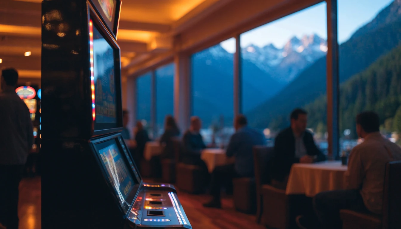Modern pokie machine in a New Zealand casino with mountain views through windows.