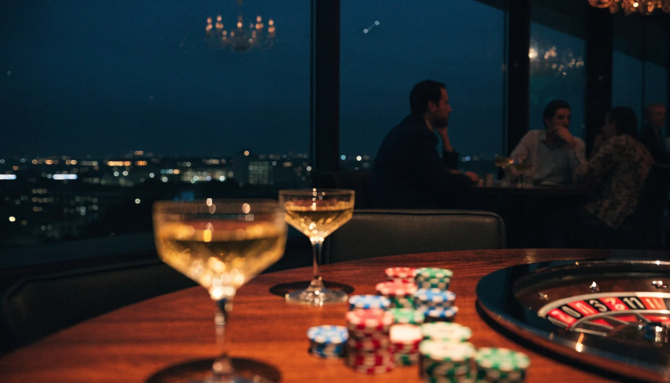 Elegant New Zealand casino lounge with chips and roulette wheel