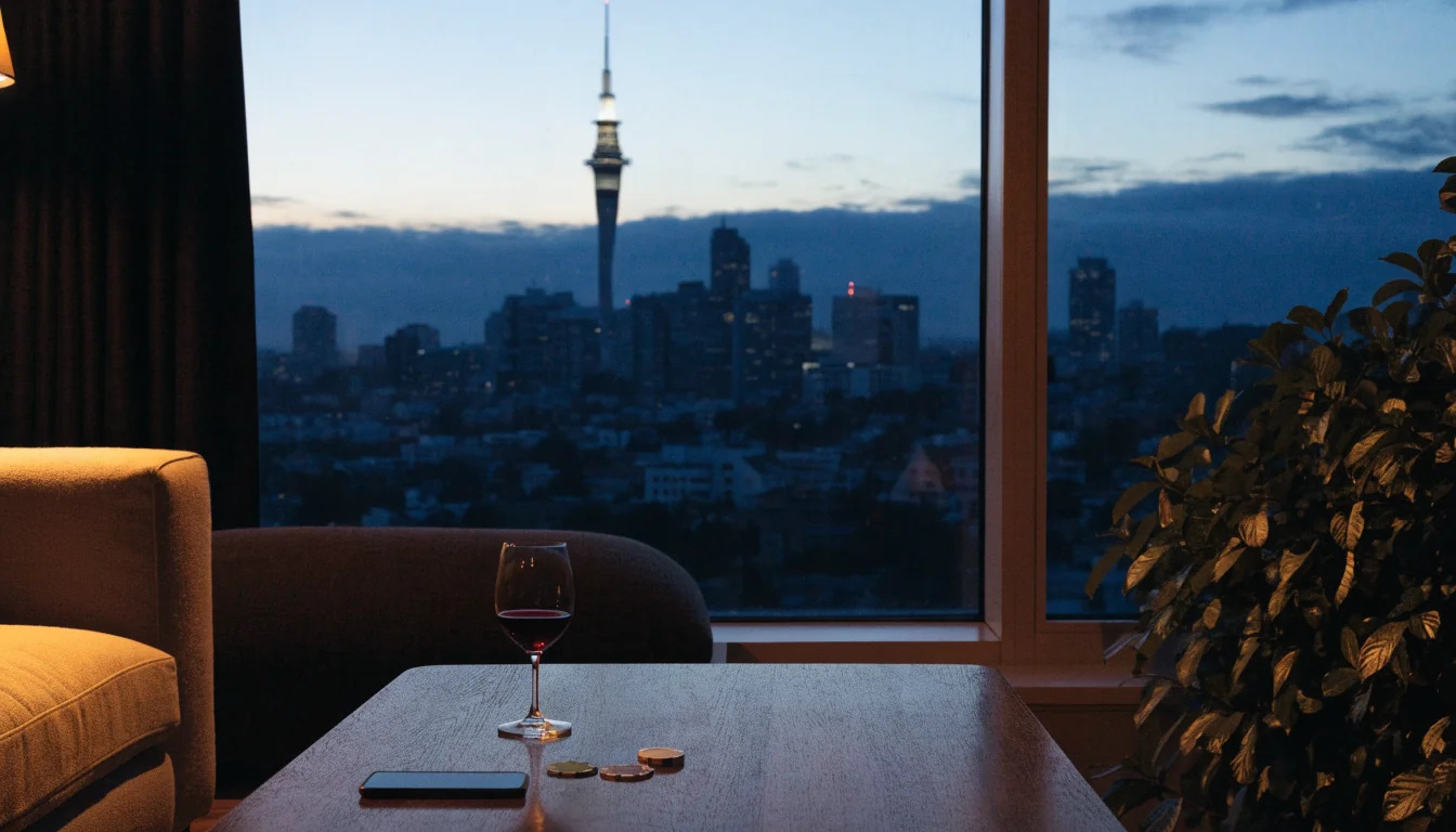 Cozy New Zealand living room with face-down smartphone and casino chips on a coffee table at dusk.