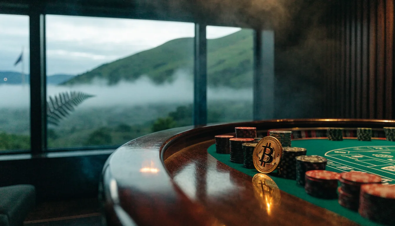 Bitcoin coin and chips on a roulette table with New Zealand hills in the background