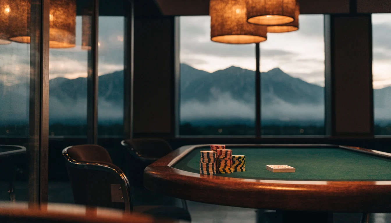 Casino blackjack table with chips against New Zealand alpine dusk view