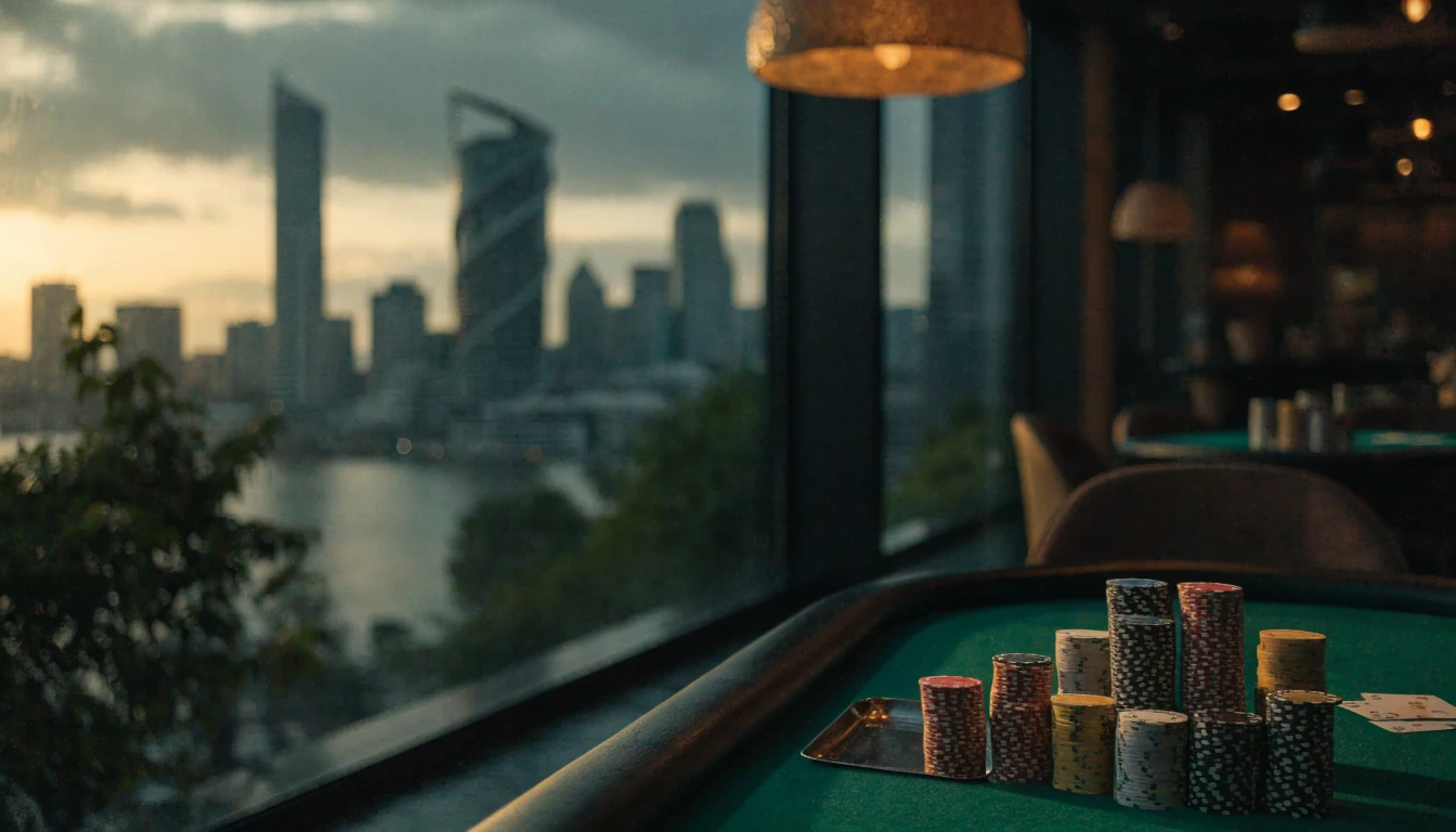 Blackjack table with chips and cards overlooking Auckland skyline at dusk