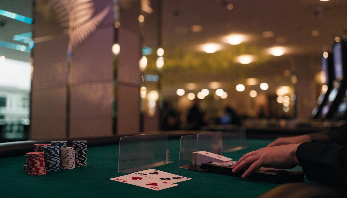 Blackjack table with chips and dealt cards in a New Zealand casino