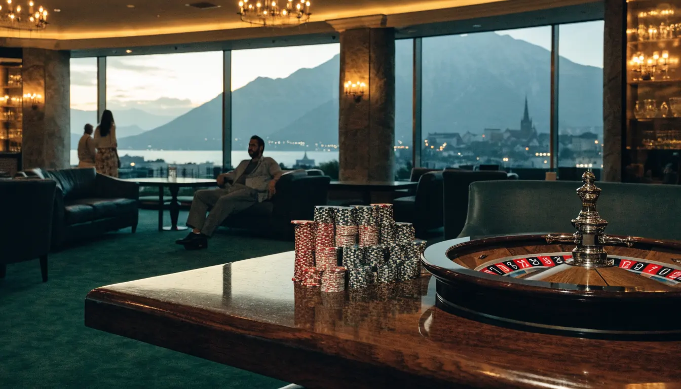 Modern casino lounge in New Zealand with chips and roulette wheel on a wooden table