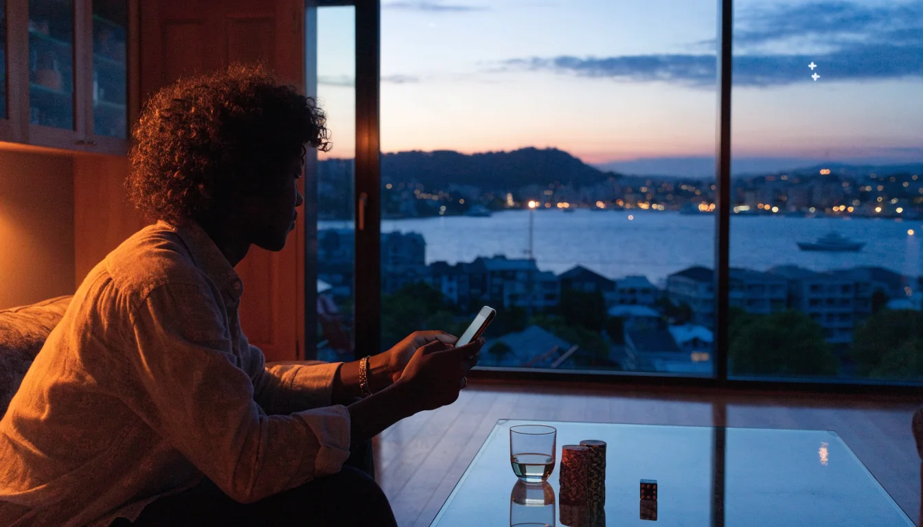 Person at home with phone, casino chips and twilight New Zealand city view