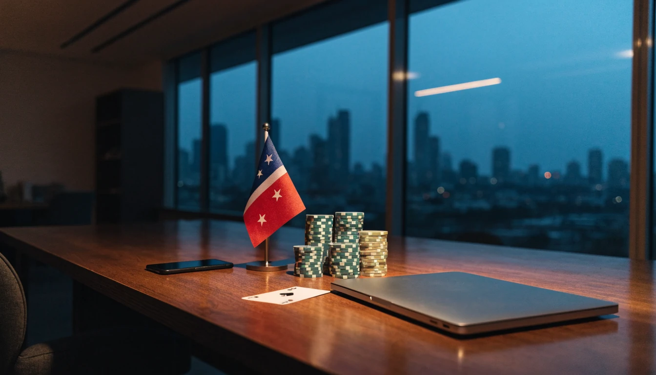 New Zealand home office desk with closed laptop, casino chips and playing card at dusk