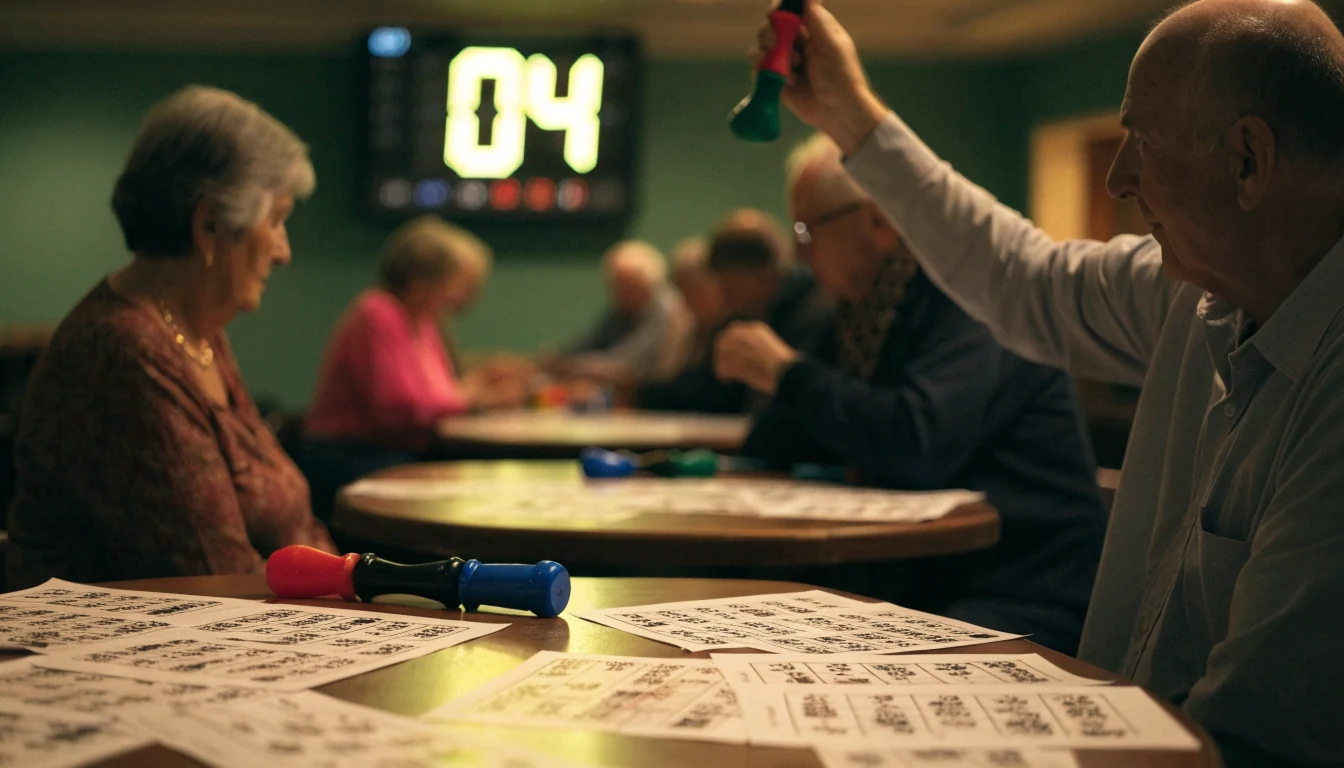 Cozy New Zealand bingo hall with players, paper cards, and a glowing number board