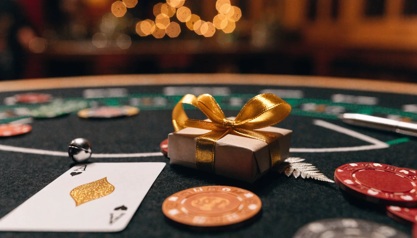 Birthday gift box with casino chips and a card on a felt table