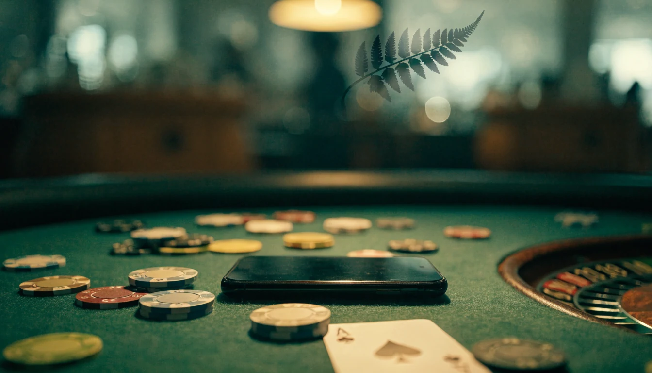 Face-down smartphone on a casino table with poker chips, roulette and a card, hinting at New Zealand.