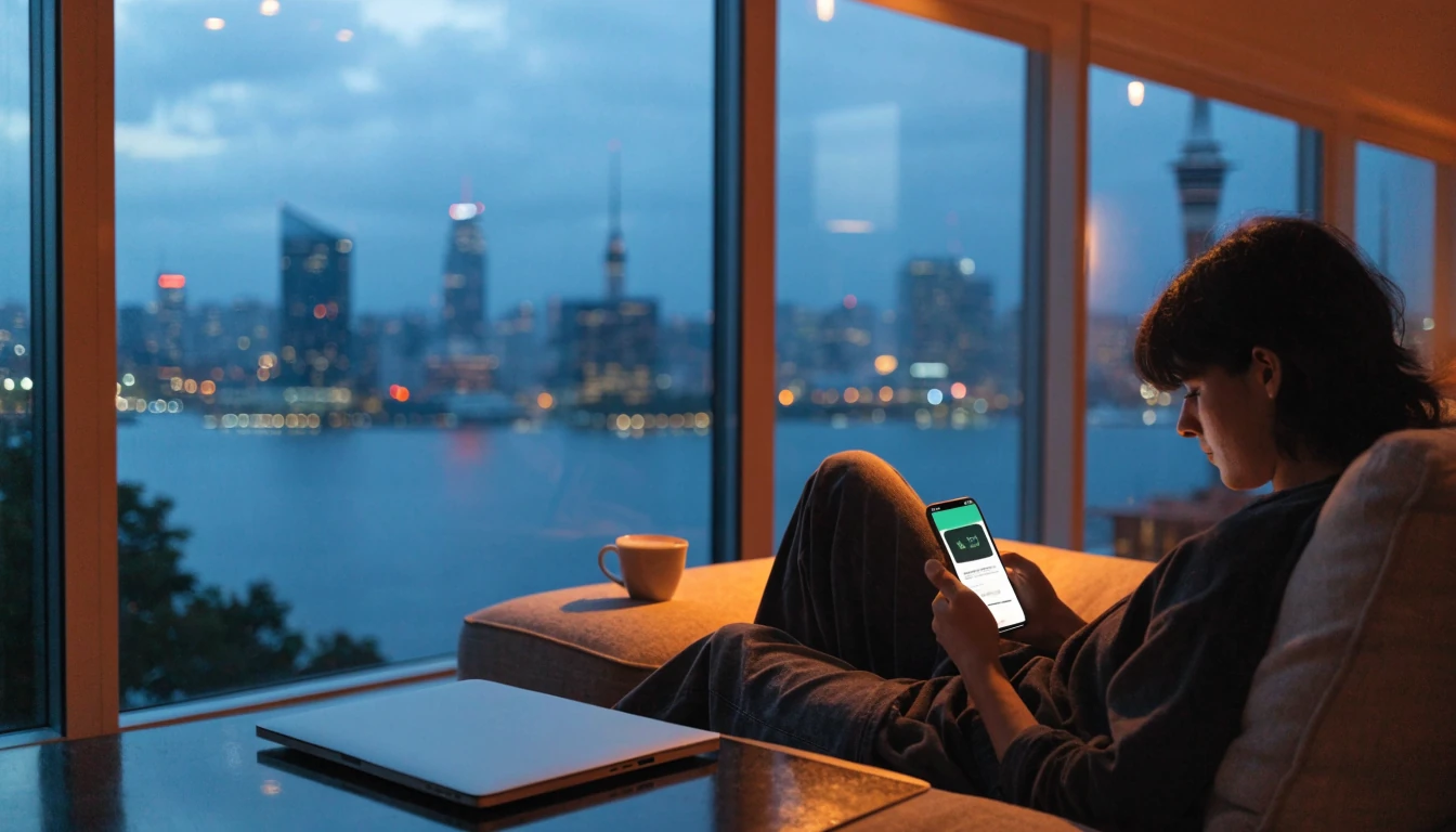 Person in modern New Zealand apartment receiving fast mobile wallet payout at twilight