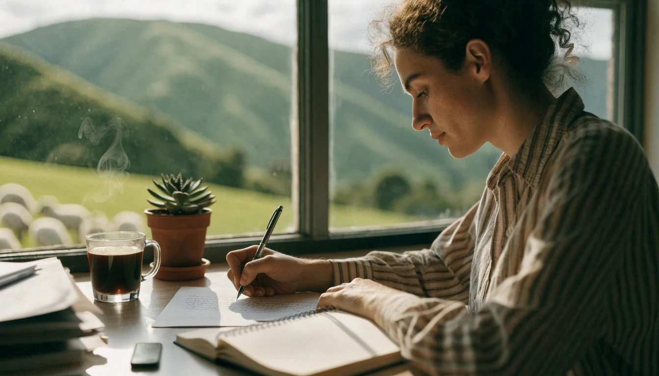 Person writing a letter at a desk with New Zealand countryside view.