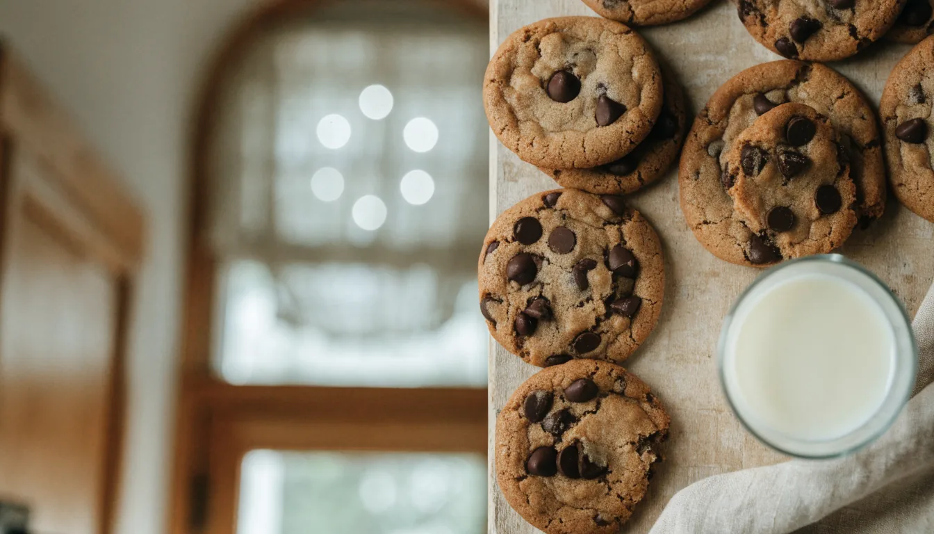 Freshly baked chocolate chip cookies on a rustic wooden table