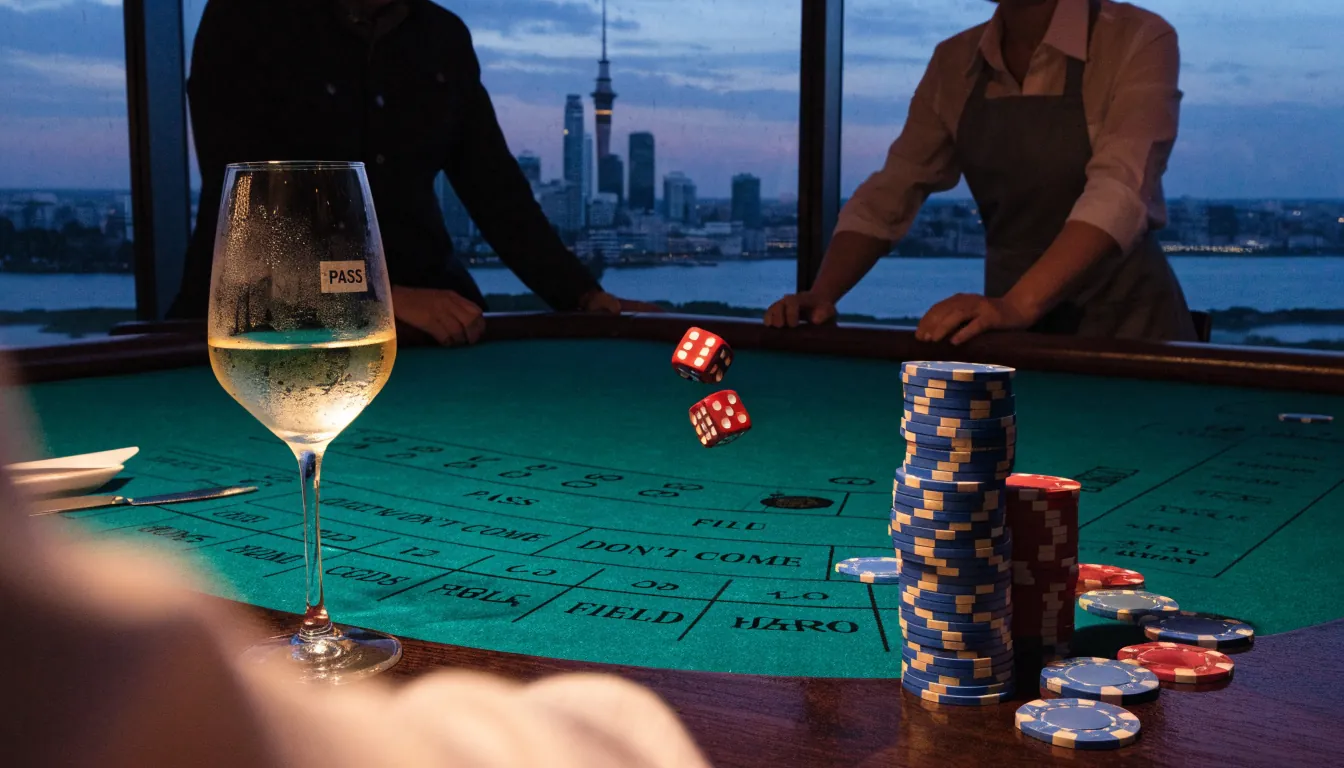 Craps table with chips and dice in a New Zealand casino