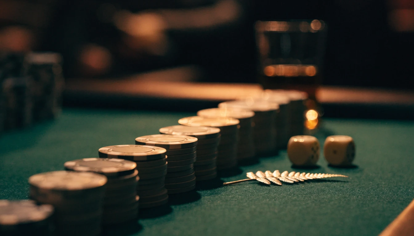 Casino craps table corner with stacked chips and dice