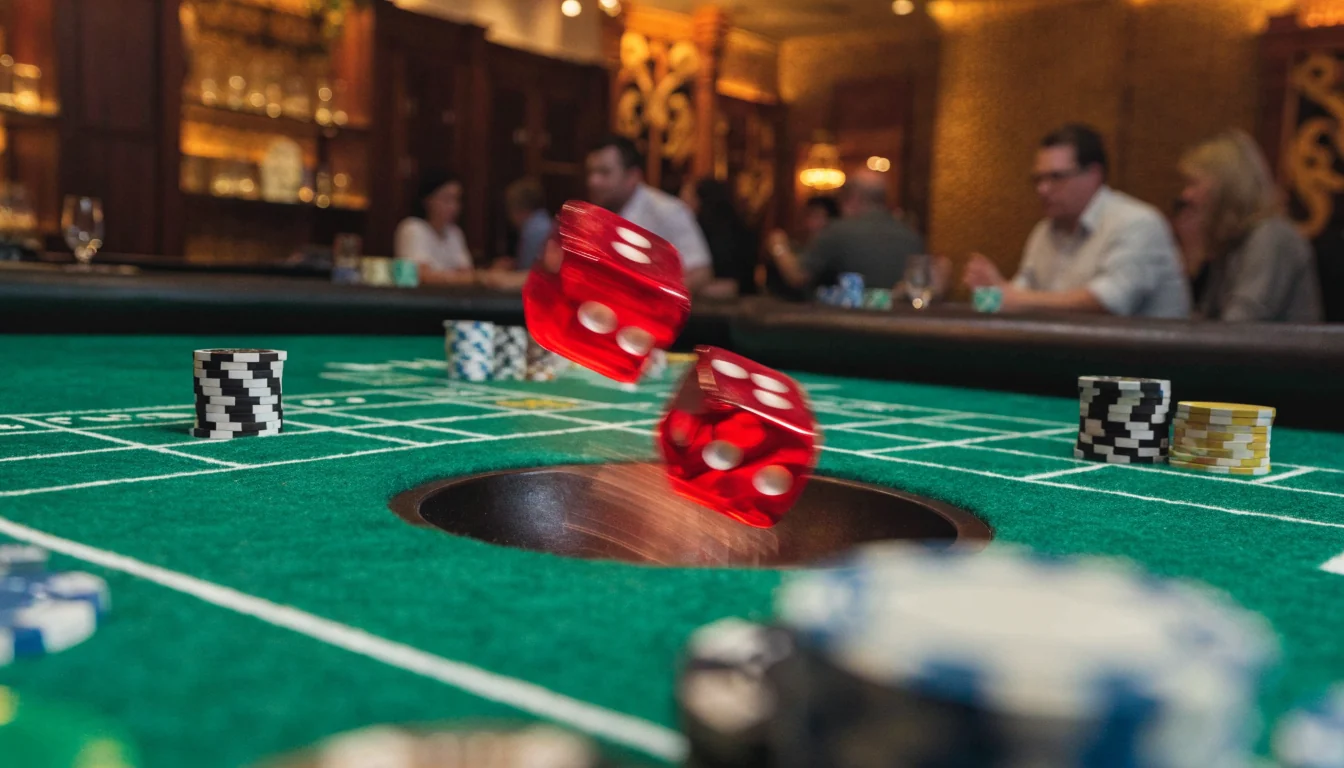 Red dice rolling on a craps table with chips in a New Zealand casino