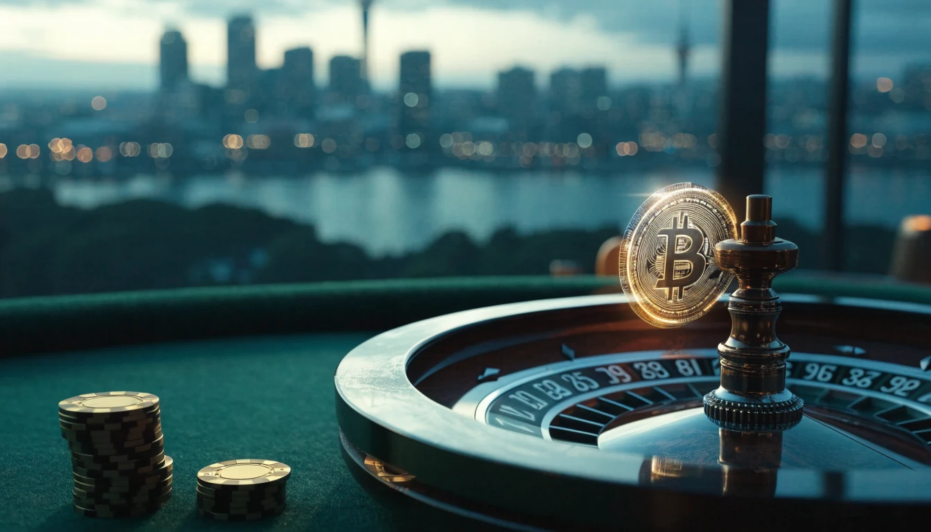 Holographic Bitcoin coin glowing over a roulette wheel with Auckland skyline at twilight.
