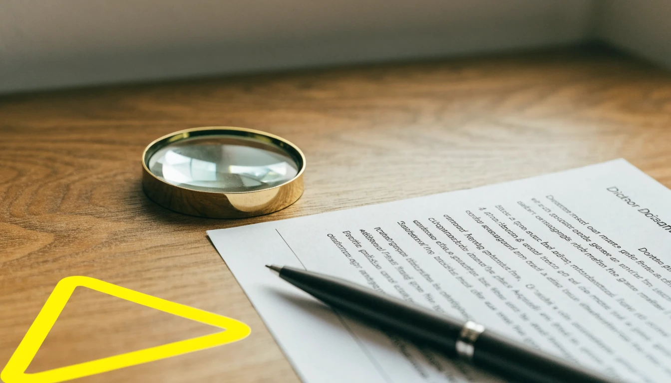 Overhead view of a disclaimer document with a warning triangle on a wooden desk