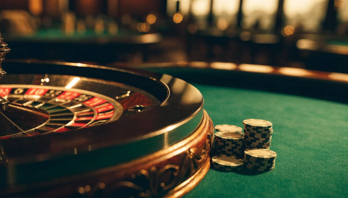 European roulette wheel with single zero and chips on a casino table