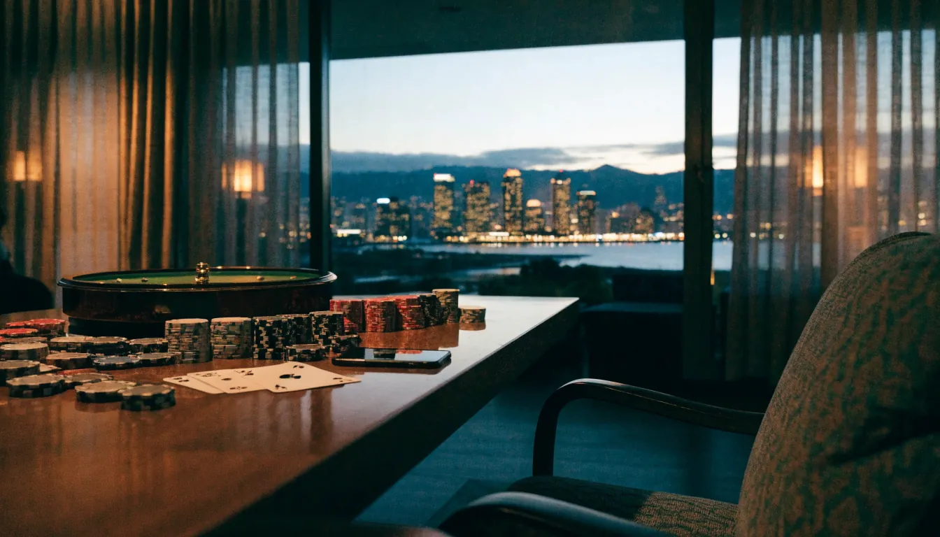 Casino chips, roulette wheel and cards on a table in a modern New Zealand lounge at dusk