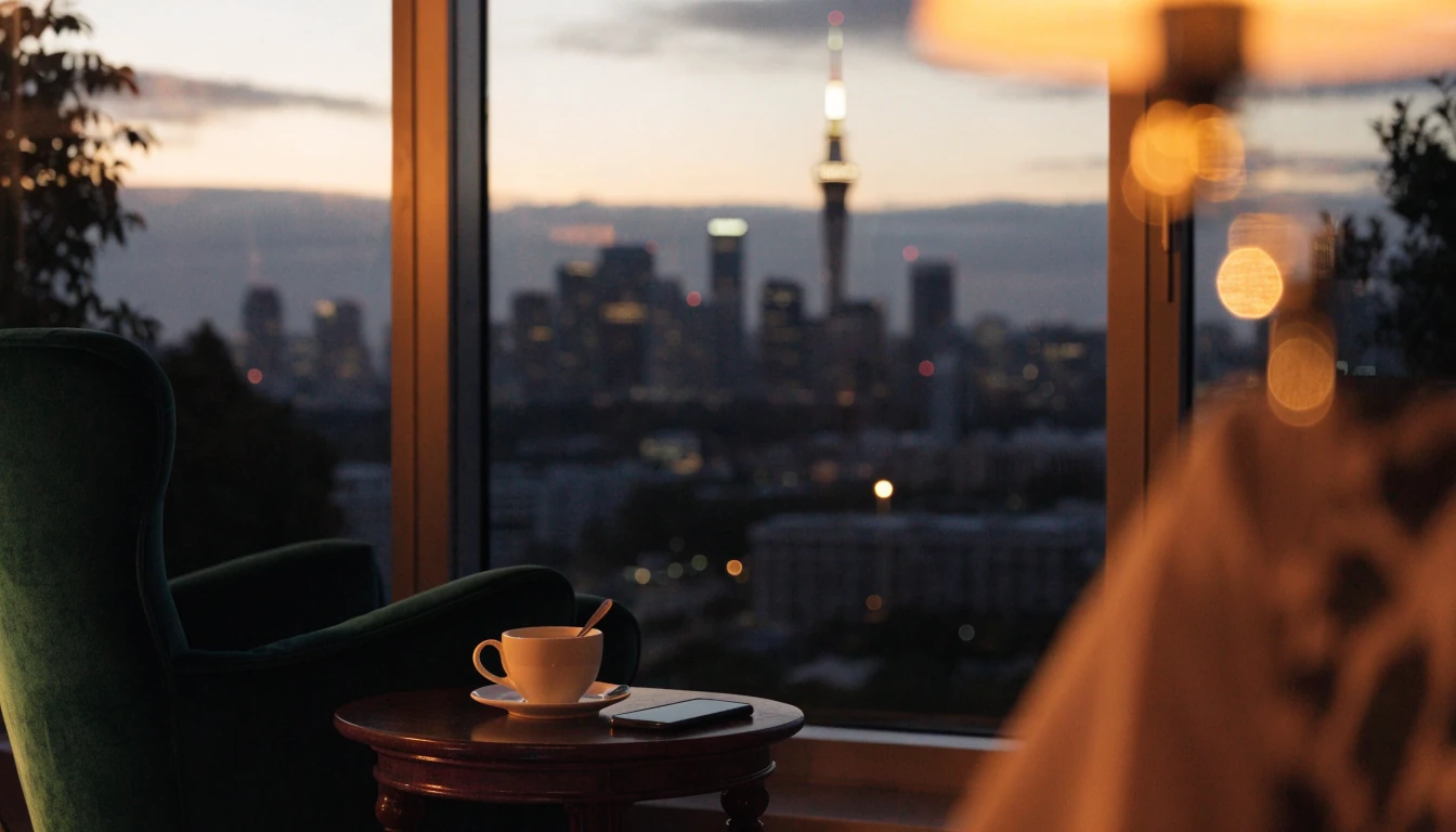 New Zealand apartment lounge at twilight with hidden phone and Auckland skyline view