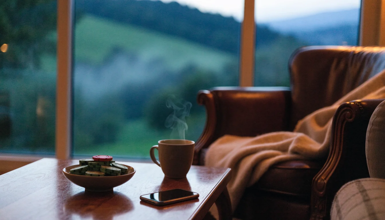 Cozy New Zealand lounge with poker chips on a coffee table and countryside view at twilight.