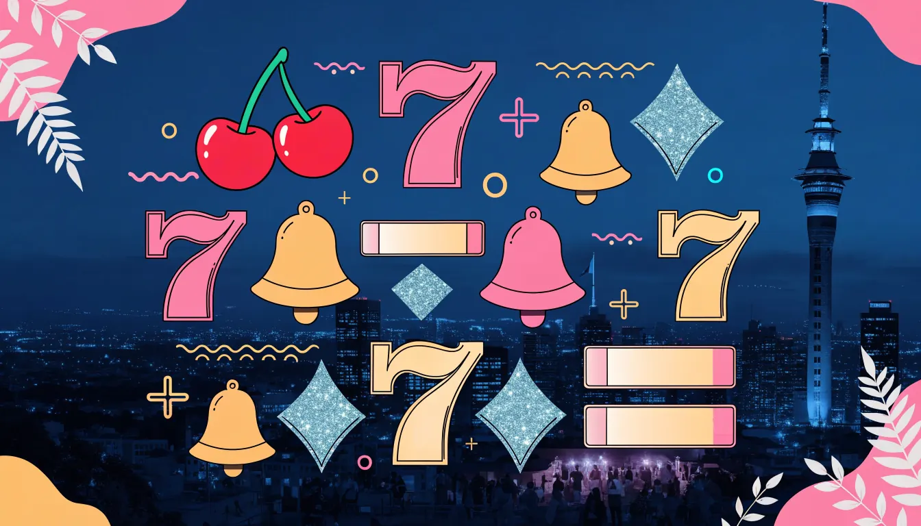 Colorful pokie symbols arranged before a softly lit Auckland skyline at night.