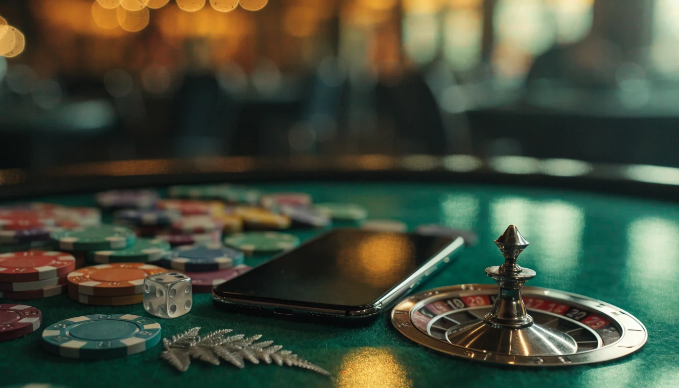 Casino chips, dice, and a roulette wheel arranged on a table beside a smartphone, with a silver fern leaf.