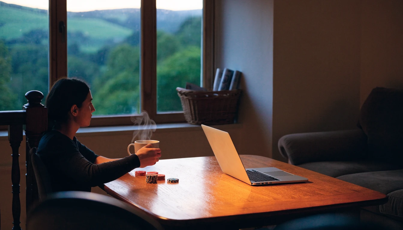 Cozy New Zealand home scene with laptop, coffee, and scattered casino chips on a table