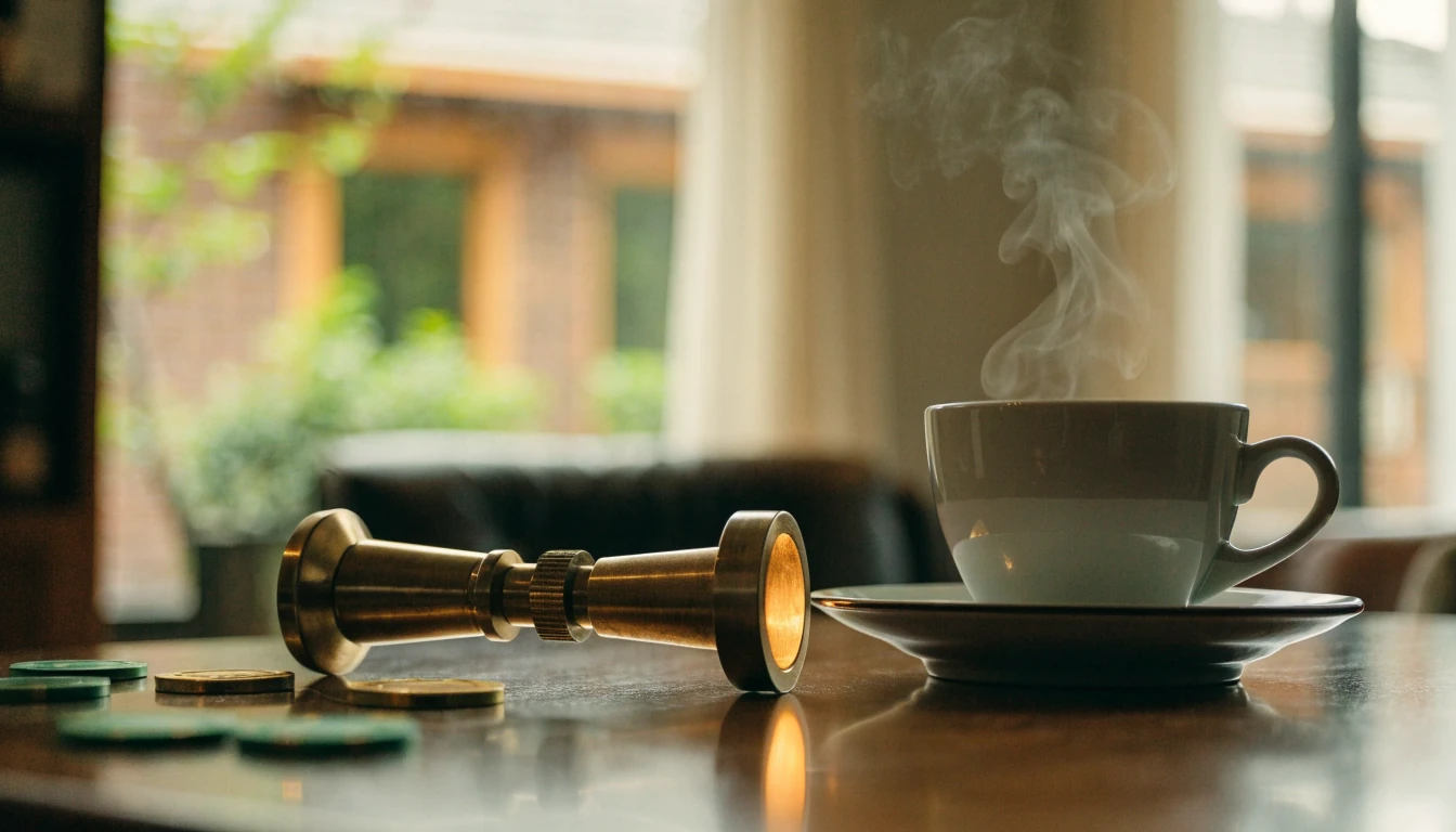 Casino chips and slot lever on a wooden table with coffee