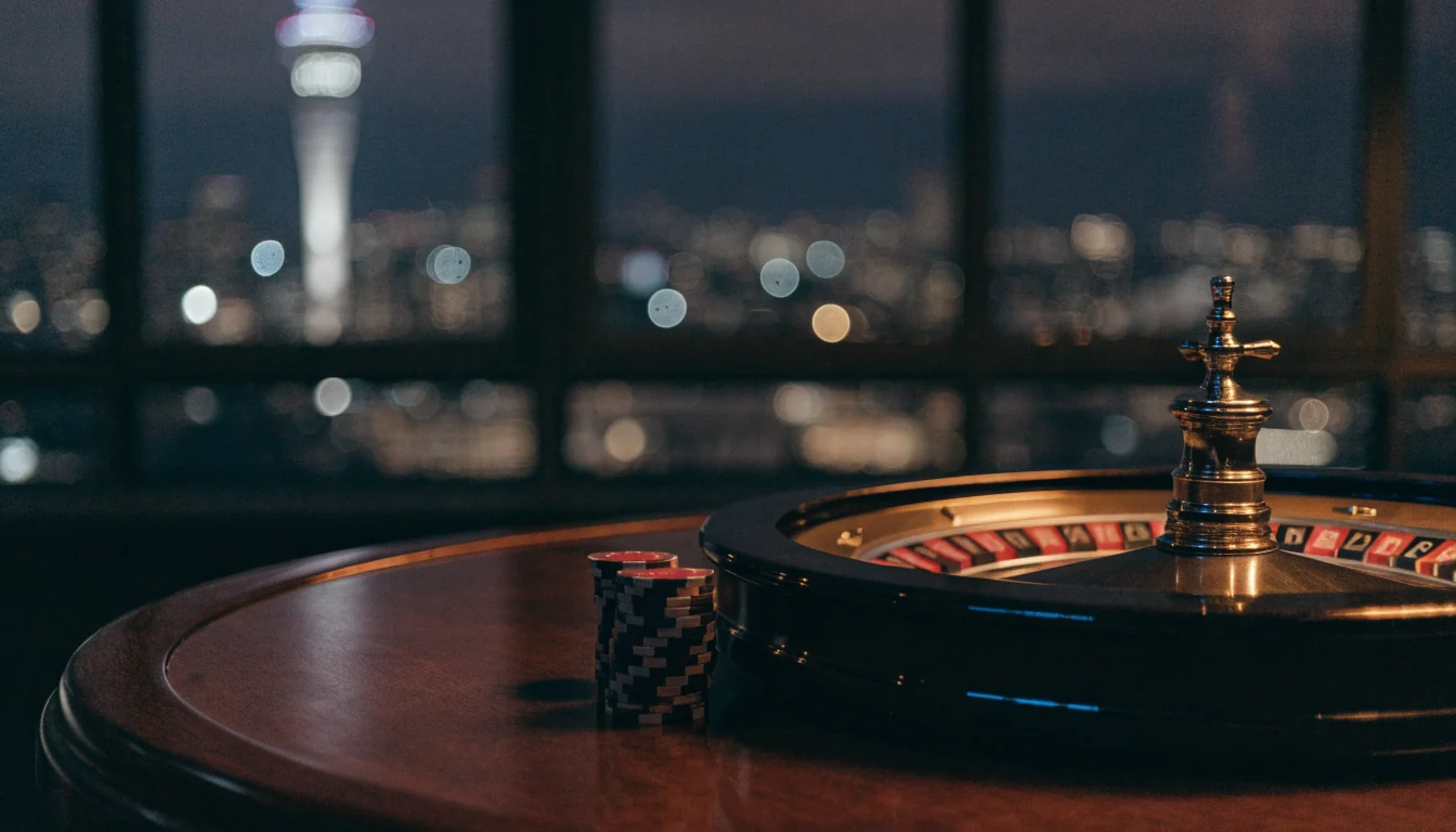 French roulette wheel on a casino table with Auckland skyline visible through a window at night