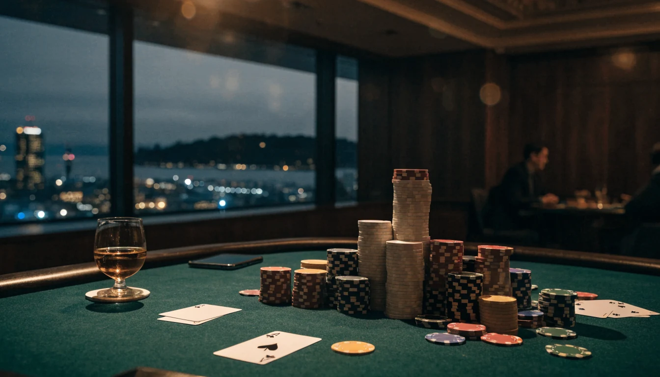 Luxurious New Zealand high-stakes casino table with chips and cards