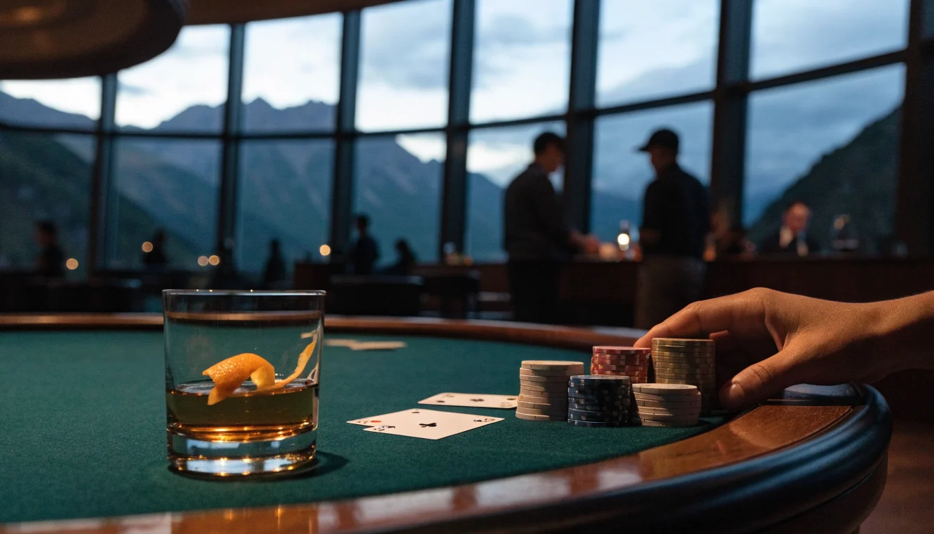 Elegant blackjack table in a New Zealand casino with chips and cards
