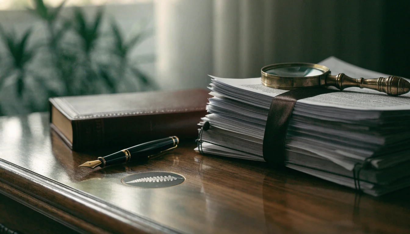 Legal documents, magnifying glass, and law book on a wooden desk with a subtle New Zealand fern emblem.