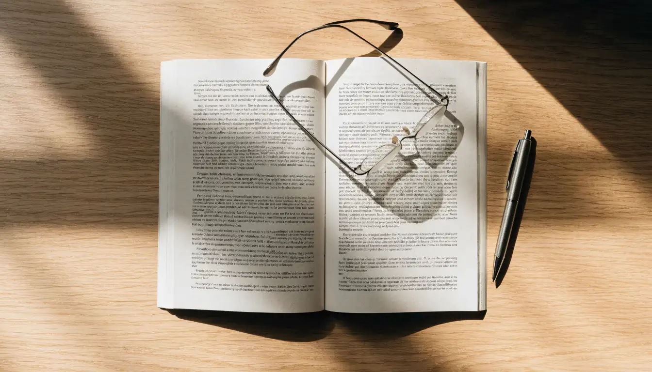 Reading glasses on booklet showing fine print review