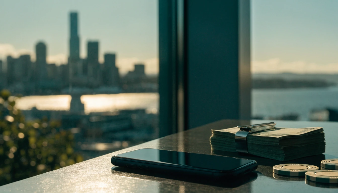 Smartphone, New Zealand dollars and casino chips on a dark table at sunset