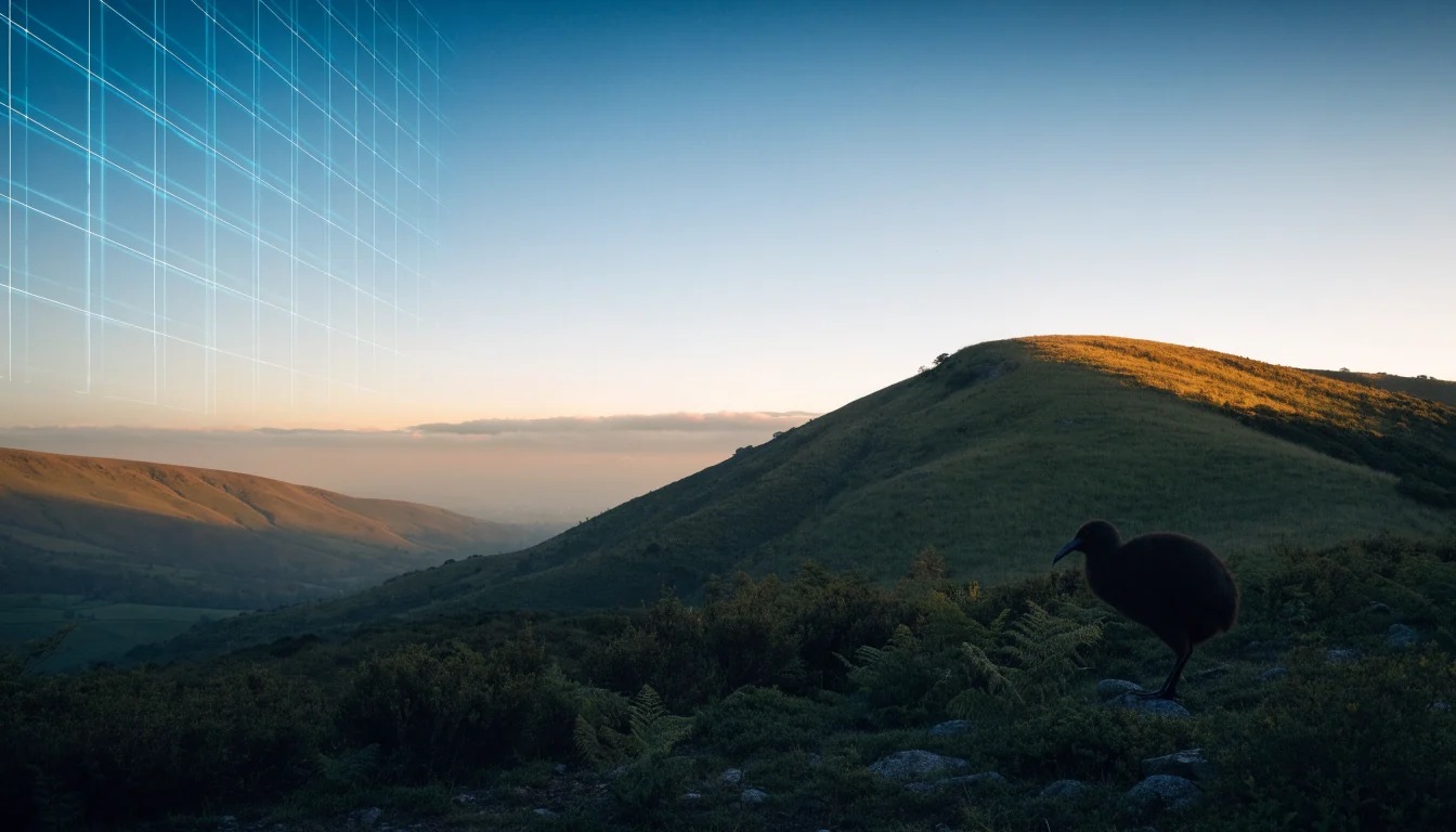 New Zealand hills at twilight with a subtle digital glow in the sky