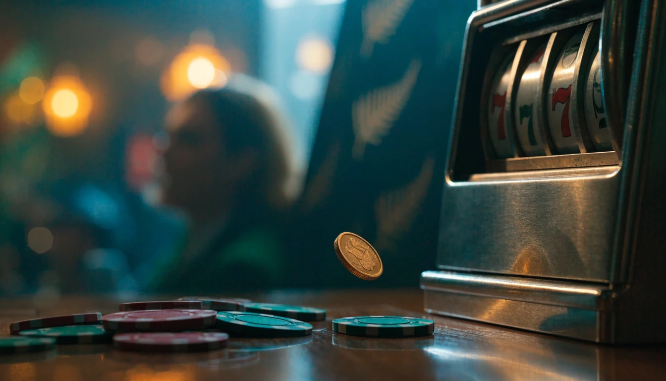 Golden coins and chips spilling from a pokie machine in a dimly lit New Zealand casino lounge