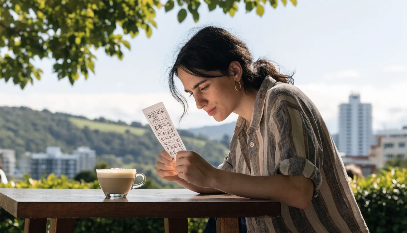 Person holding a Keno ticket in a New Zealand cafe with green hills behind.