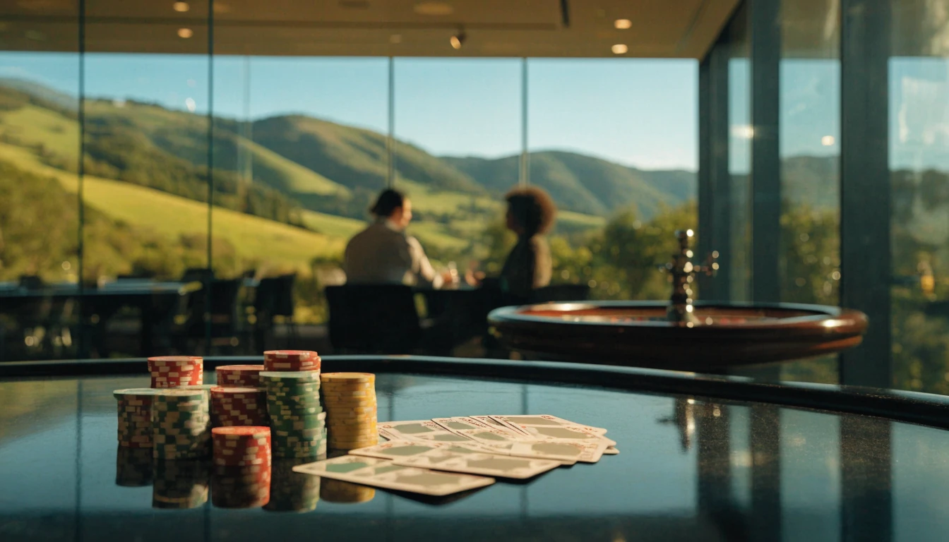 Stylish casino table with chips and roulette wheel overlooking New Zealand hills