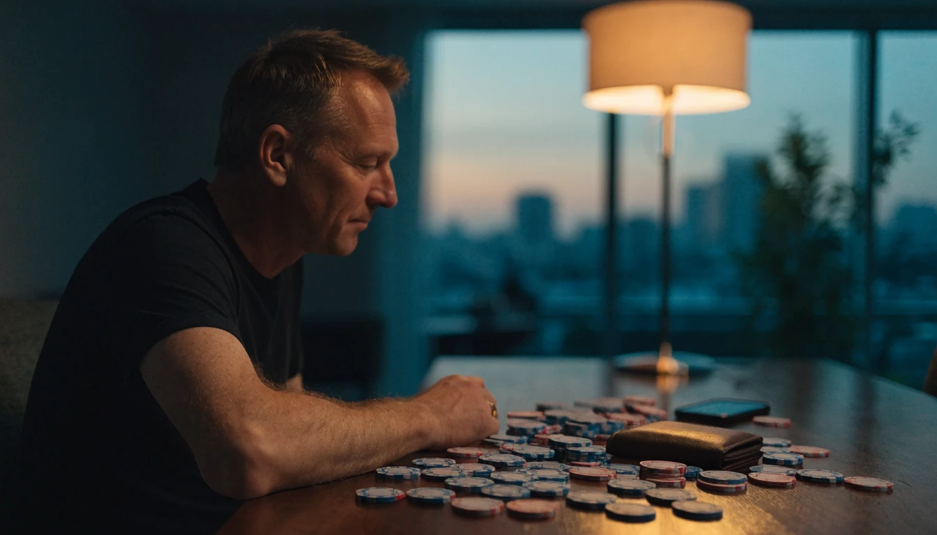Man at a New Zealand apartment table with casino chips and a face-down phone.